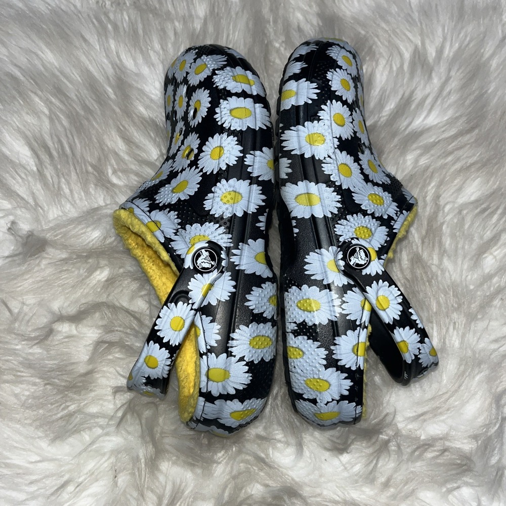 Crocs Classic Clog Shoes Women's 9 Black White Yellow Floral Print Lined Slip On - Picture 9 of 12